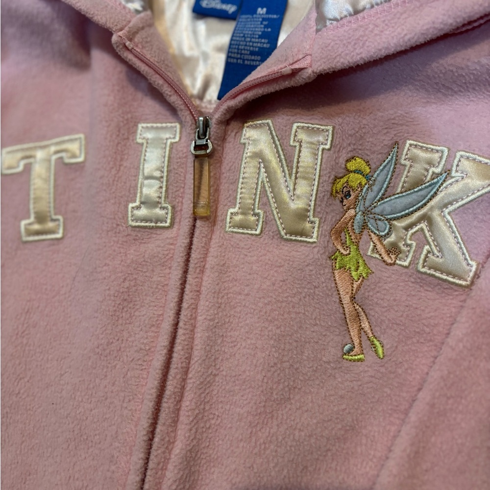 Disney Tinker Bell “Feisty” Pink Fleece Hoodie Women’s Medium Y2K Satin Hood - Picture 2 of 11